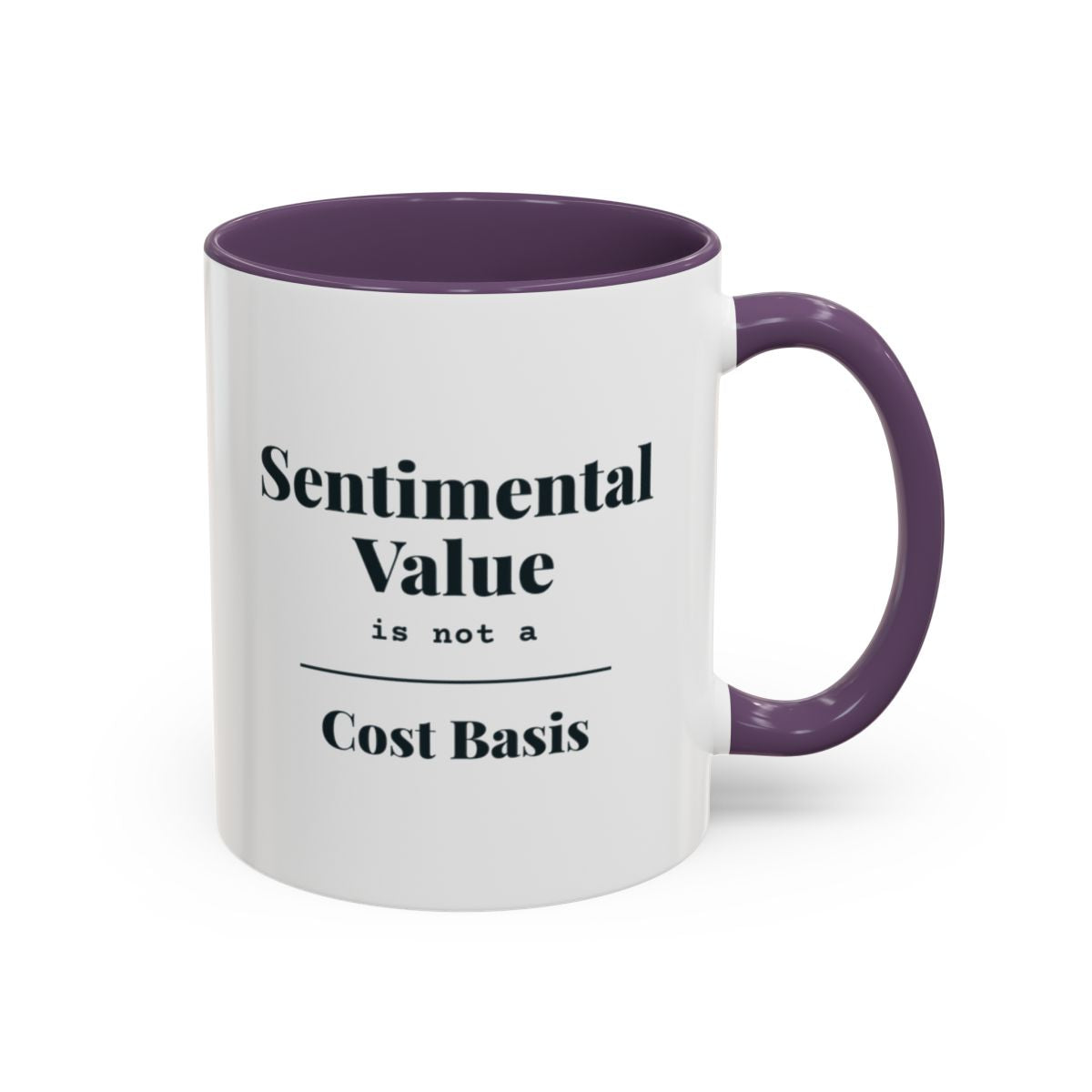 Sentimental Value Is Not a Cost Basis Mug – Purple handle and inside, 11 oz