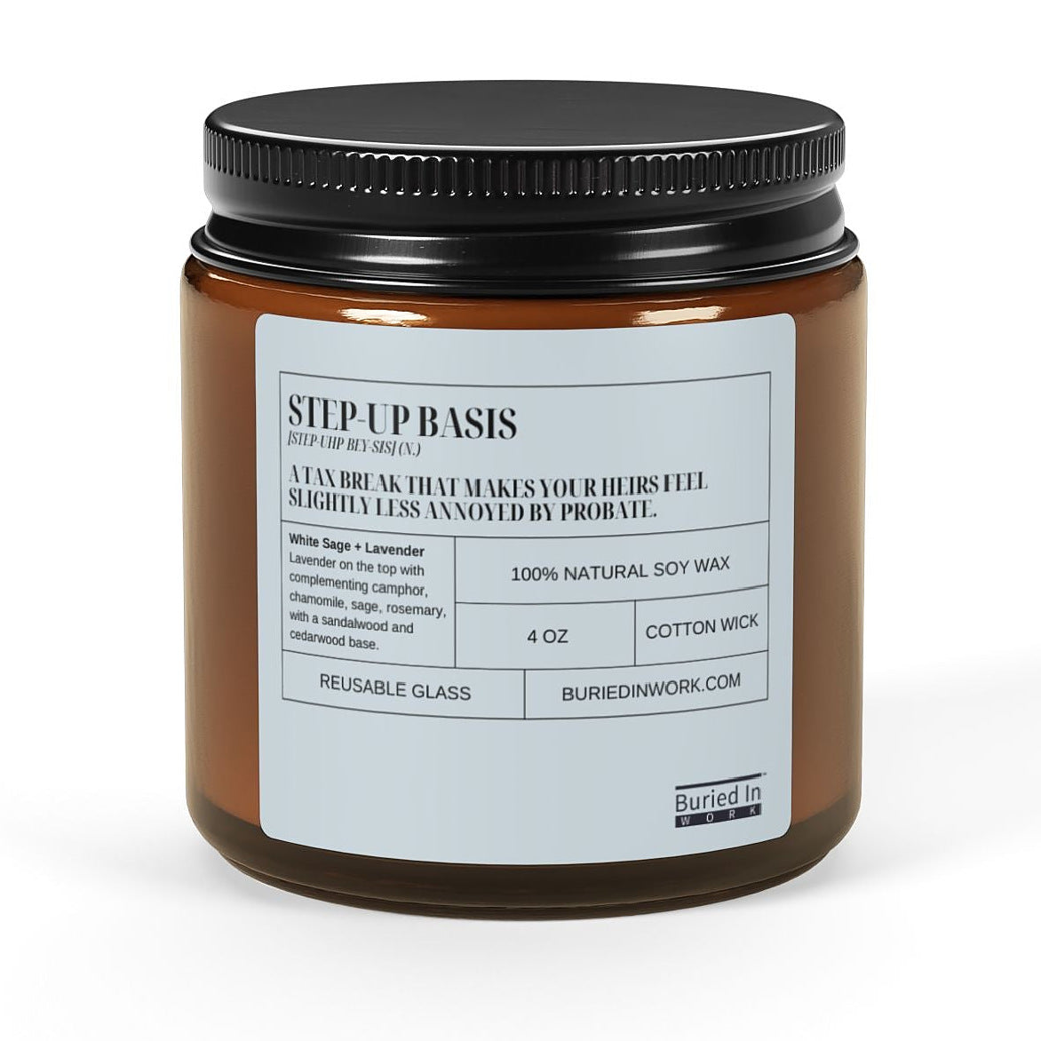 Step-Up Basis soy candle, 4 oz amber jar with black lid, front view