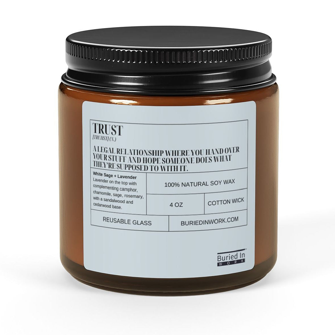 Trust soy candle, 4 oz amber jar with black lid, front view