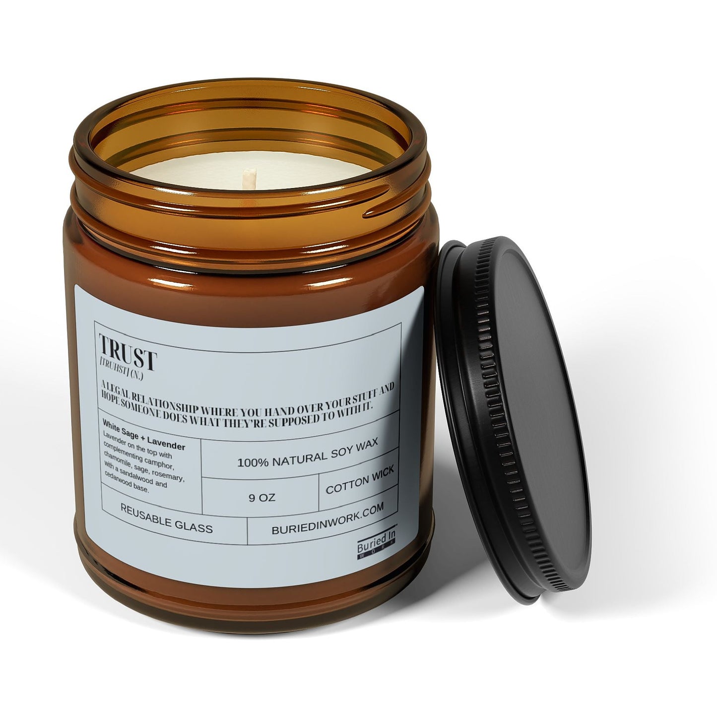 Trust soy candle with the lid removed, showing the cotton wick and soy wax