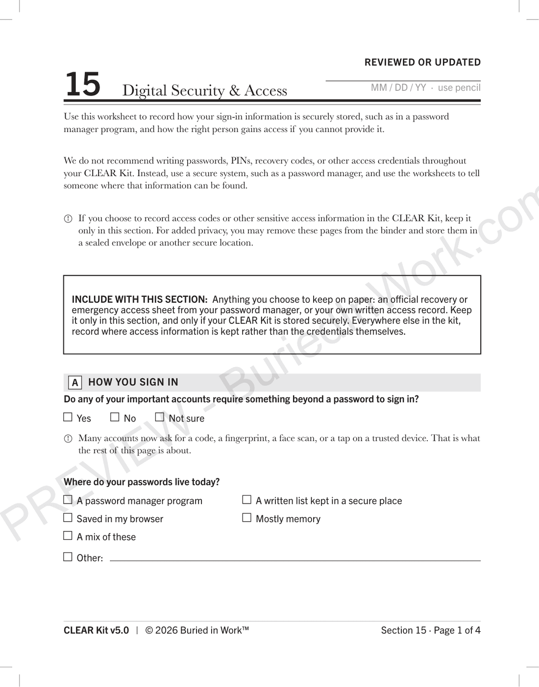 Section 15, Digital Security and Access: the one worksheet in the kit designed to hold access codes, preview