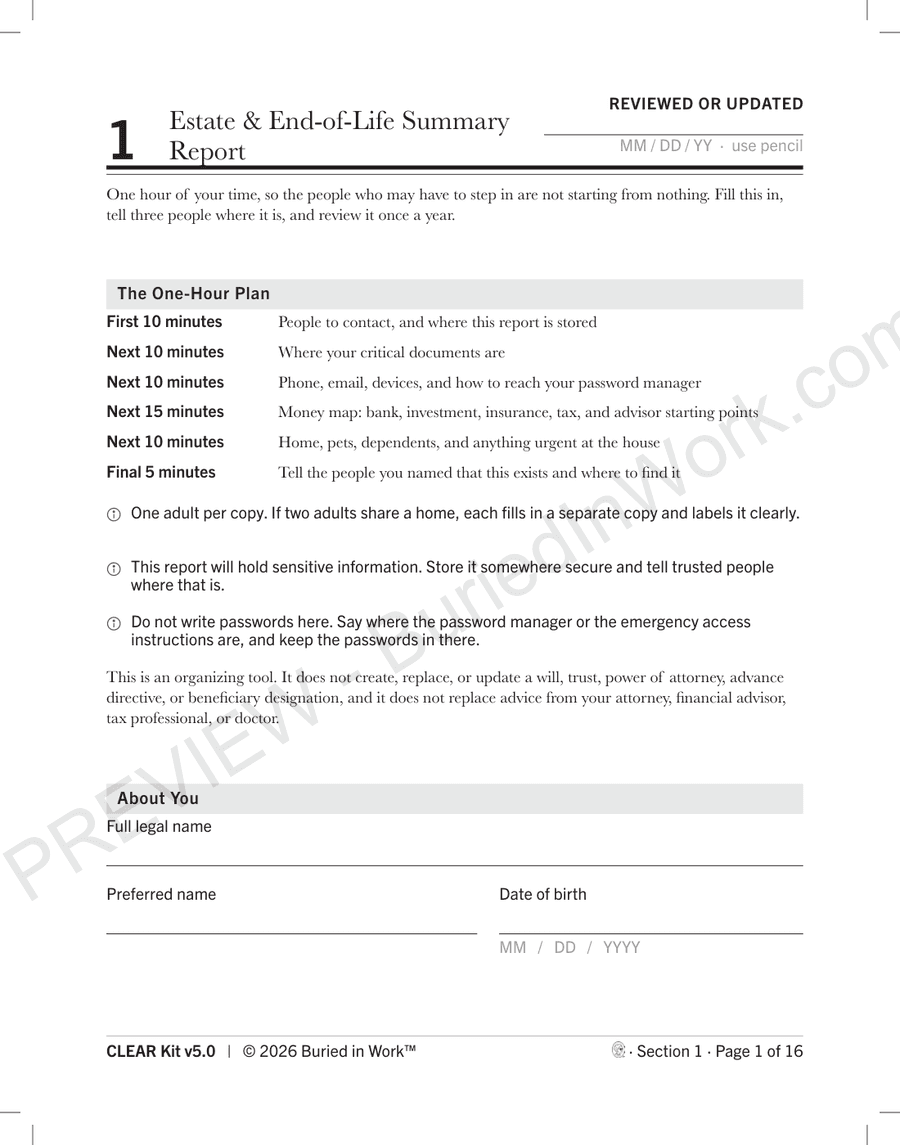 Page 1 of the Estate and End-of-Life Summary Report, preview