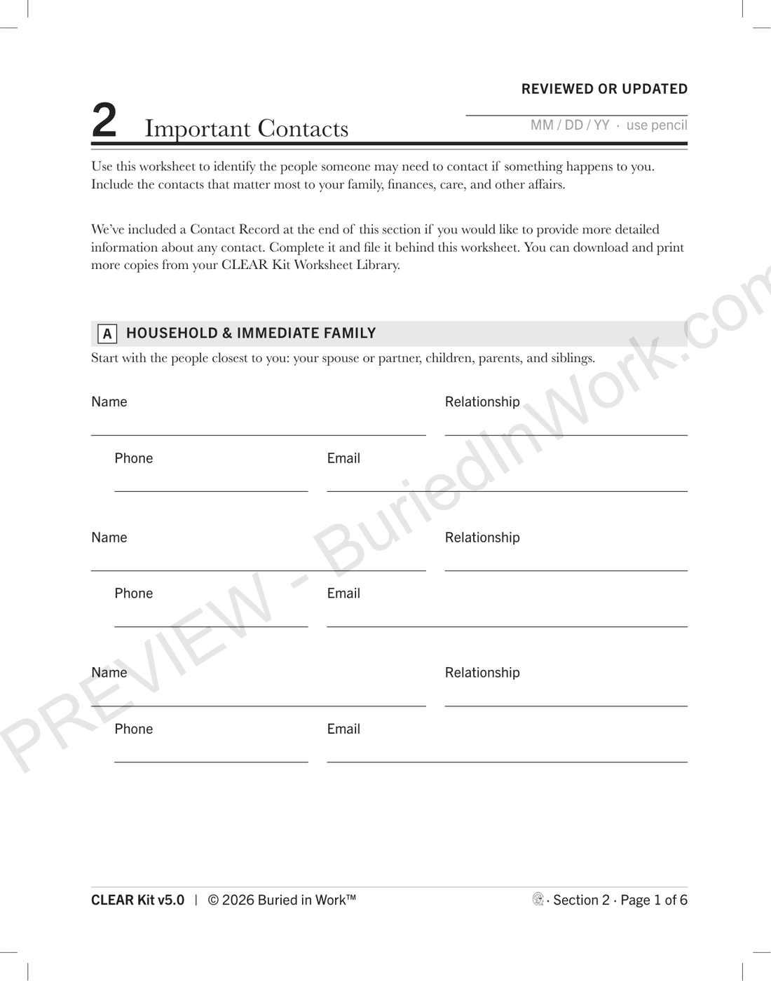 First worksheet page for Important Contacts, preview
