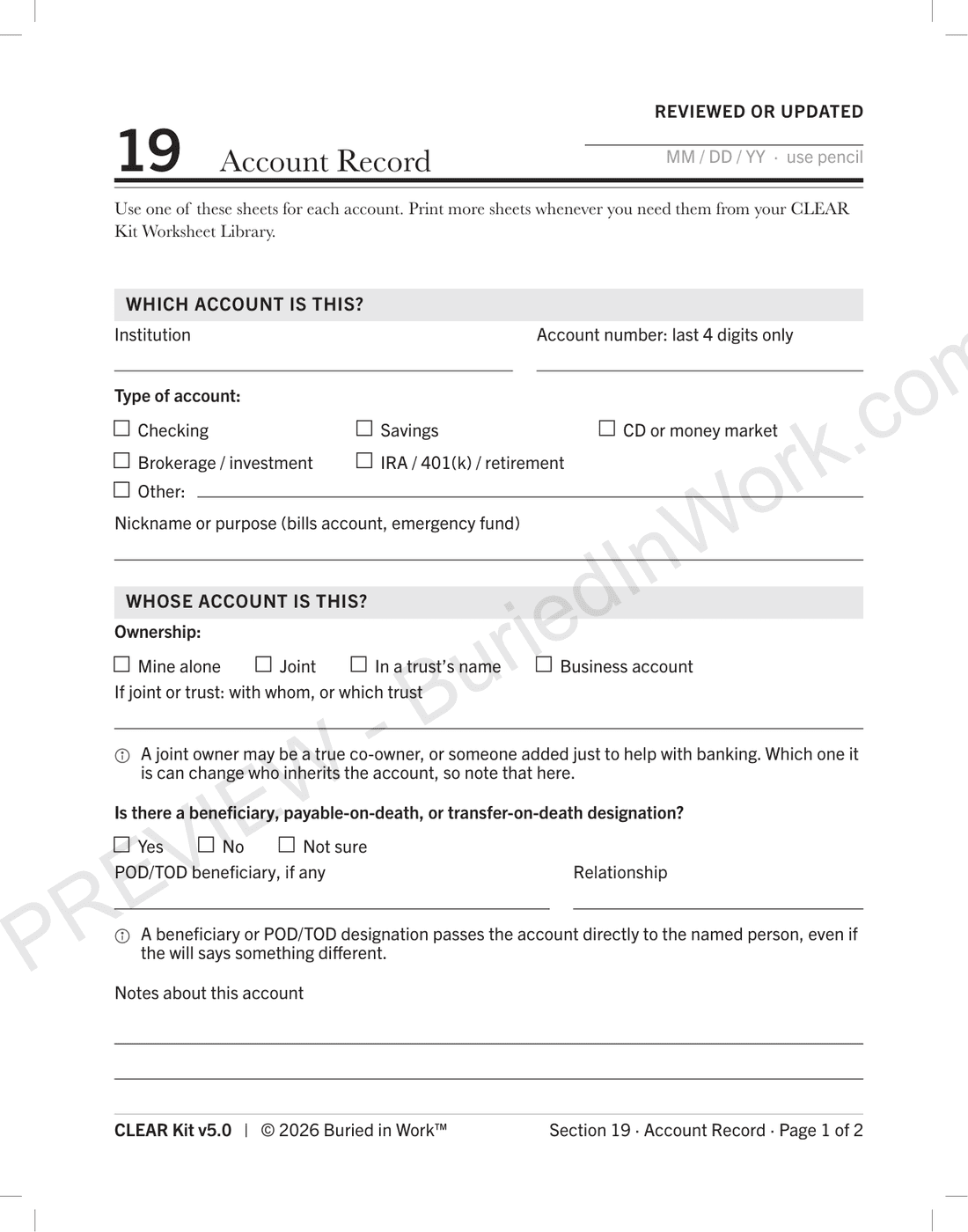 A Financial Accounts record sheet, one per account, with the reprint note at the top, preview