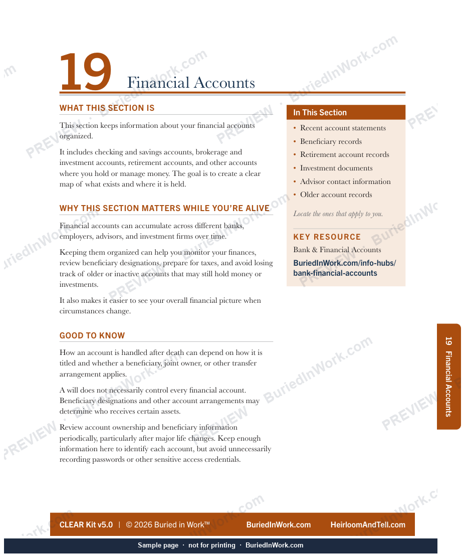 Front of a CLEAR Kit guided tab, showing what the section is, what to gather, and the key resource